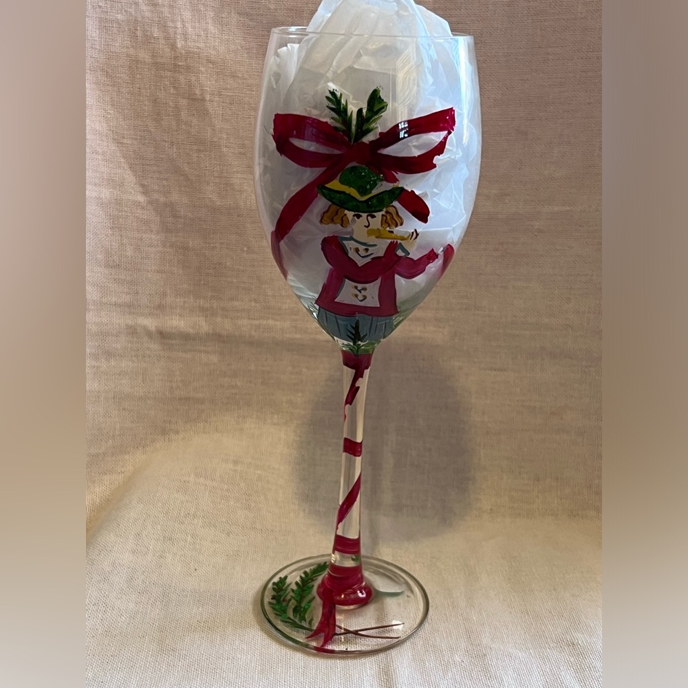 Piped Piper Hand Painted Christmas Wine Glass.